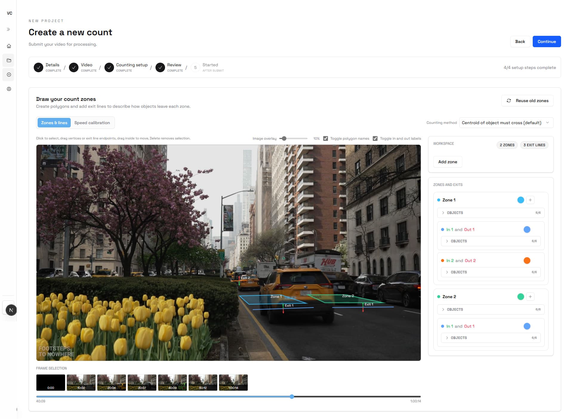 Vision Counts workspace showing a project with traffic count lines drawn over uploaded footage